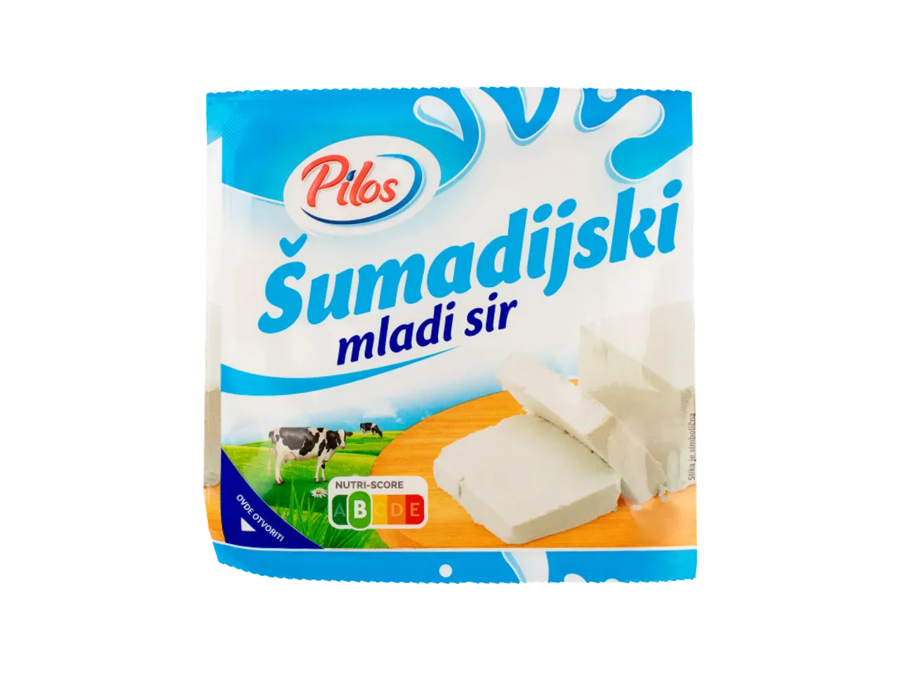 Pilos Šumadijski mladi sir, pakovanje sa Nutri-Score oznakom i slikom krava na pašnjaku.