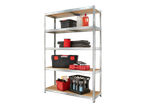Parkside® Metal Shelving Unit with various tools, liquids, and storage items.