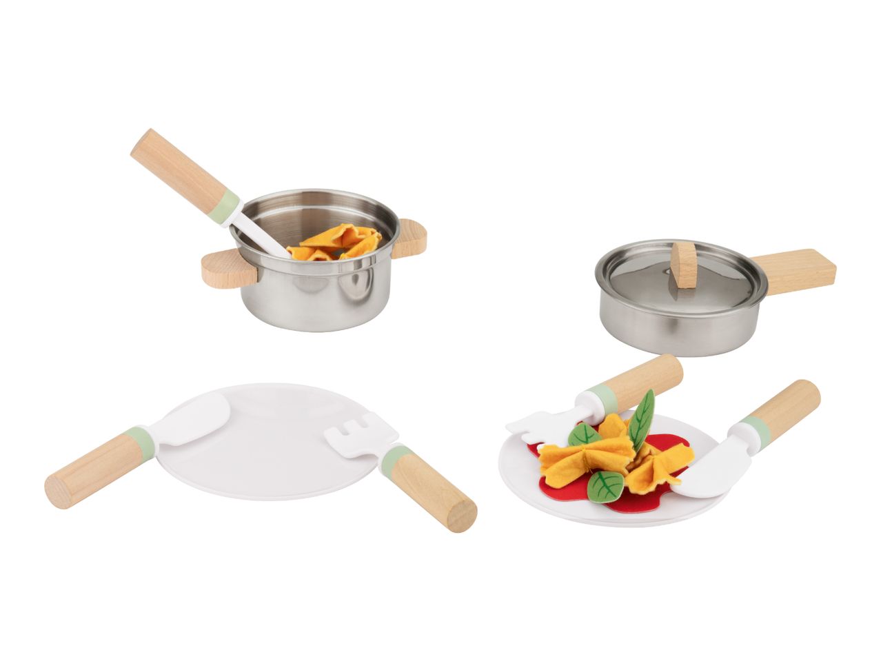 Toy cooking set with pots, pans, utensils, and felt pasta with sauce.