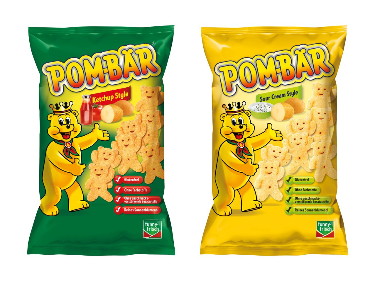 Zwei Packungen Pom-Bar-Snacks in Bärenform, mit Ketchup- und Sauerrahm-Geschmack.