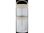 A beige and clear plastic stackable container with a handle.