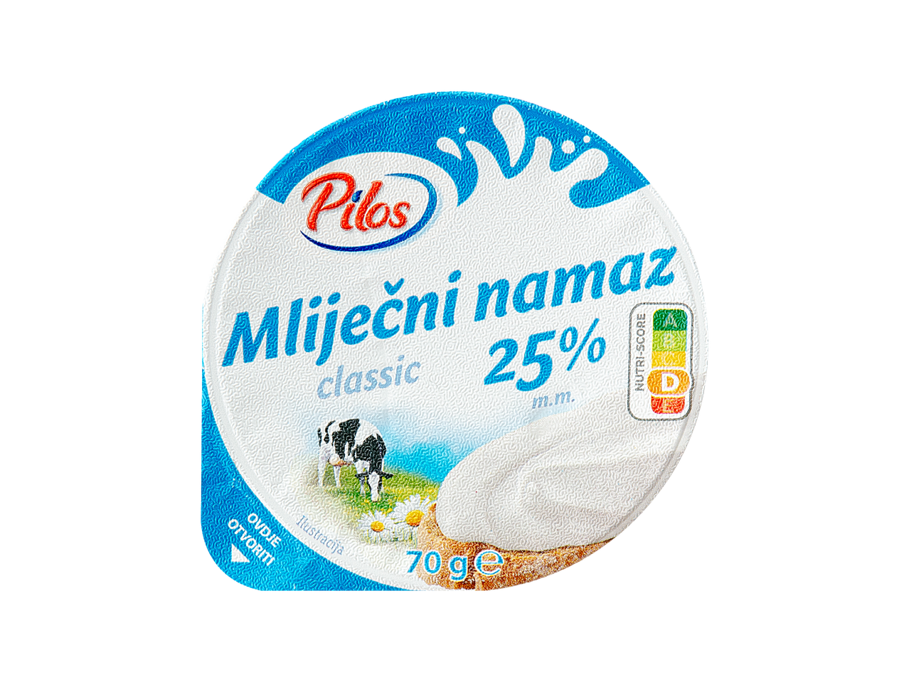 Mliječni namaz classic 25% m.m. u pakiranju od 70g s Nutri-score D oznakom.