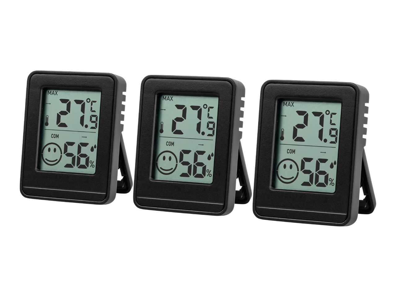 Three digital thermometers displaying 27.9°C and 56% humidity with a happy face icon.