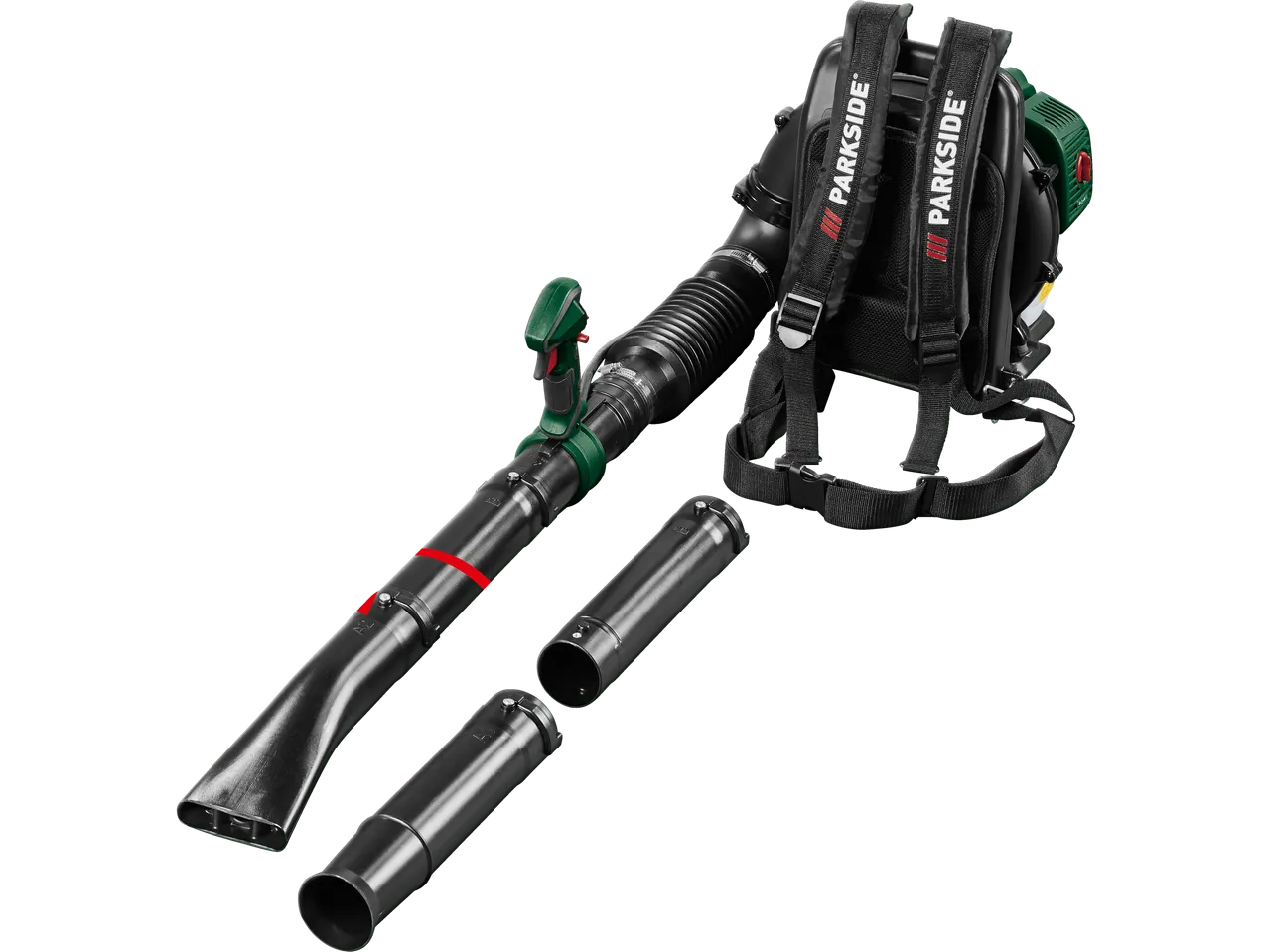 Parkside leaf blower with backpack and accessories on a black background.