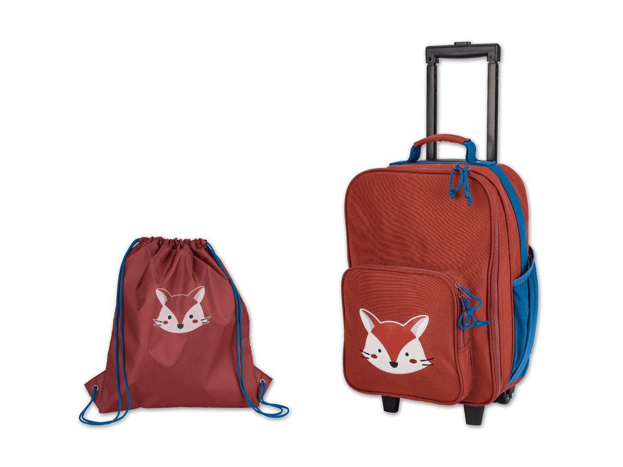 Ein roter Kinder-Rollkoffer und ein passender Turnbeutel mit Fuchs-Motiv.
