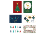 Set božićnih čestitki sa raznim motivima, uključujući jelke, irvase i ukrase.