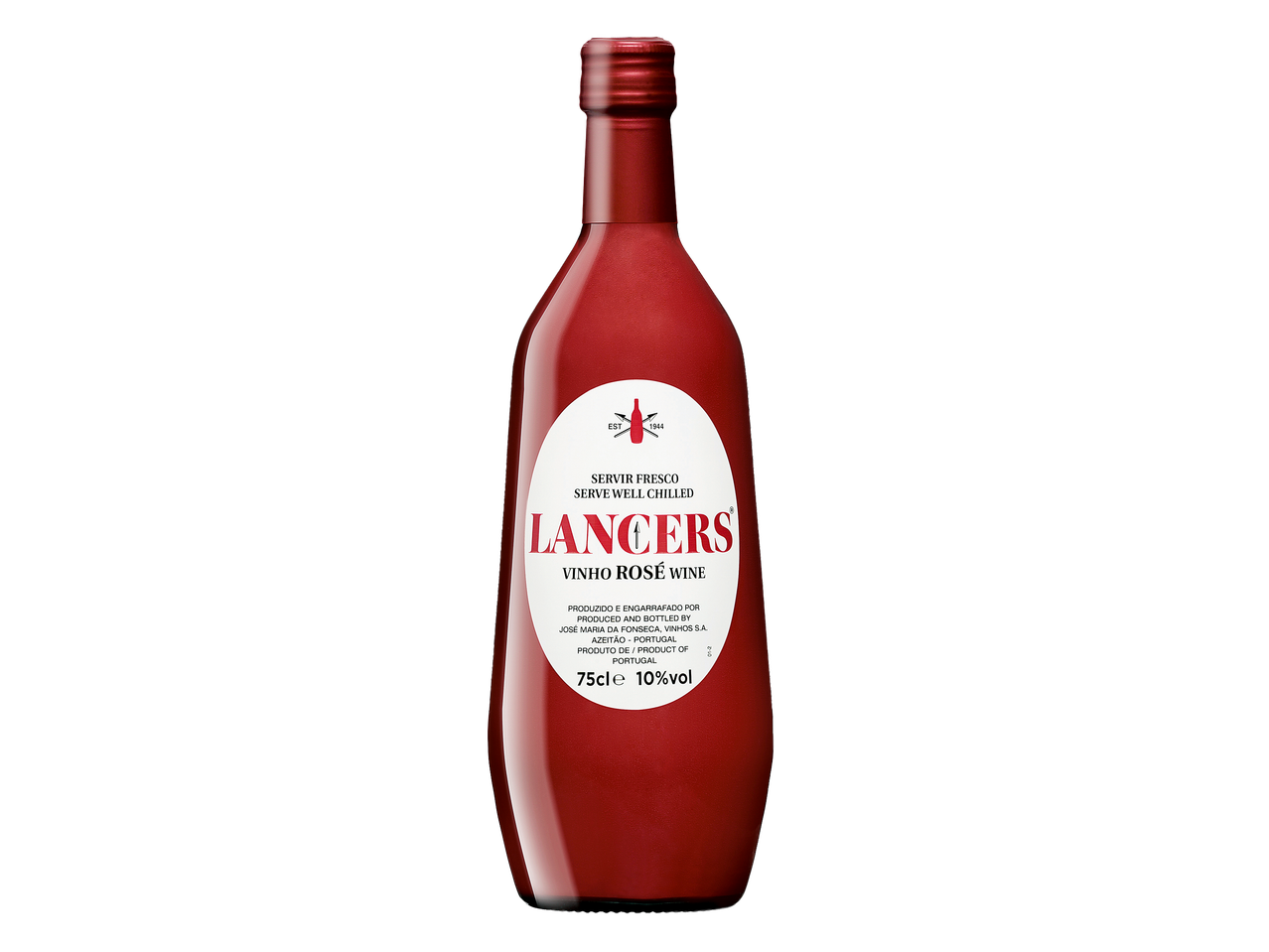 Garrafa de vinho rosé com rótulo branco, indicando 'Servir Fresco' e '10% vol'.