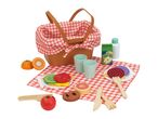 Toy picnic basket with red and white checkered lining, play food, cups, and cutlery.