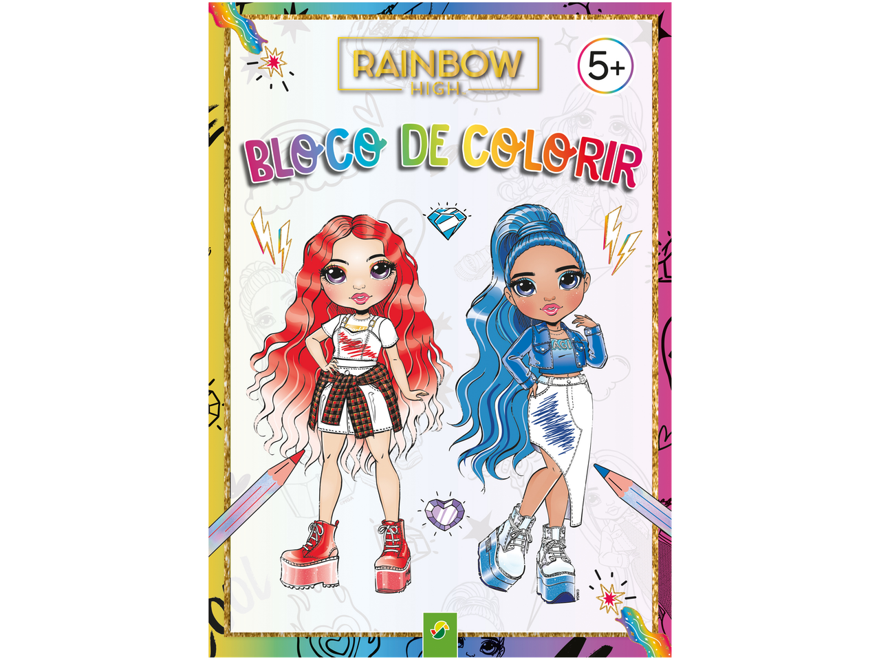 Livro de colorir Rainbow High com duas bonecas, de cabelo vermelho e azul, e texto 'Bloco de Colorir'.