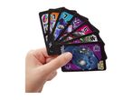 Hand holding a fan of black playing cards with colorful robot characters and numbers.