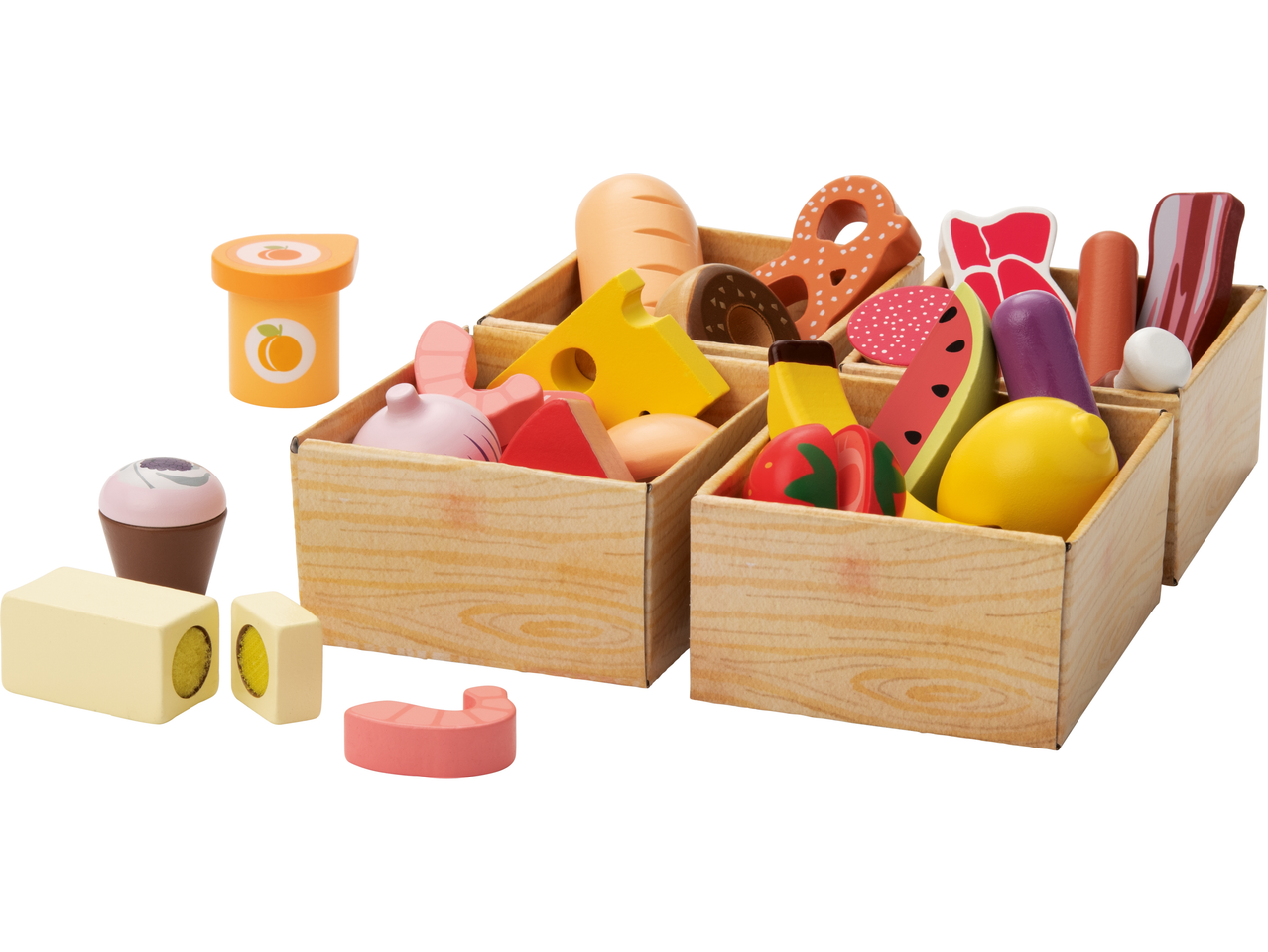 Gioco cassa, bilancia, cassetta alimentare o cesto portaspesa in legno