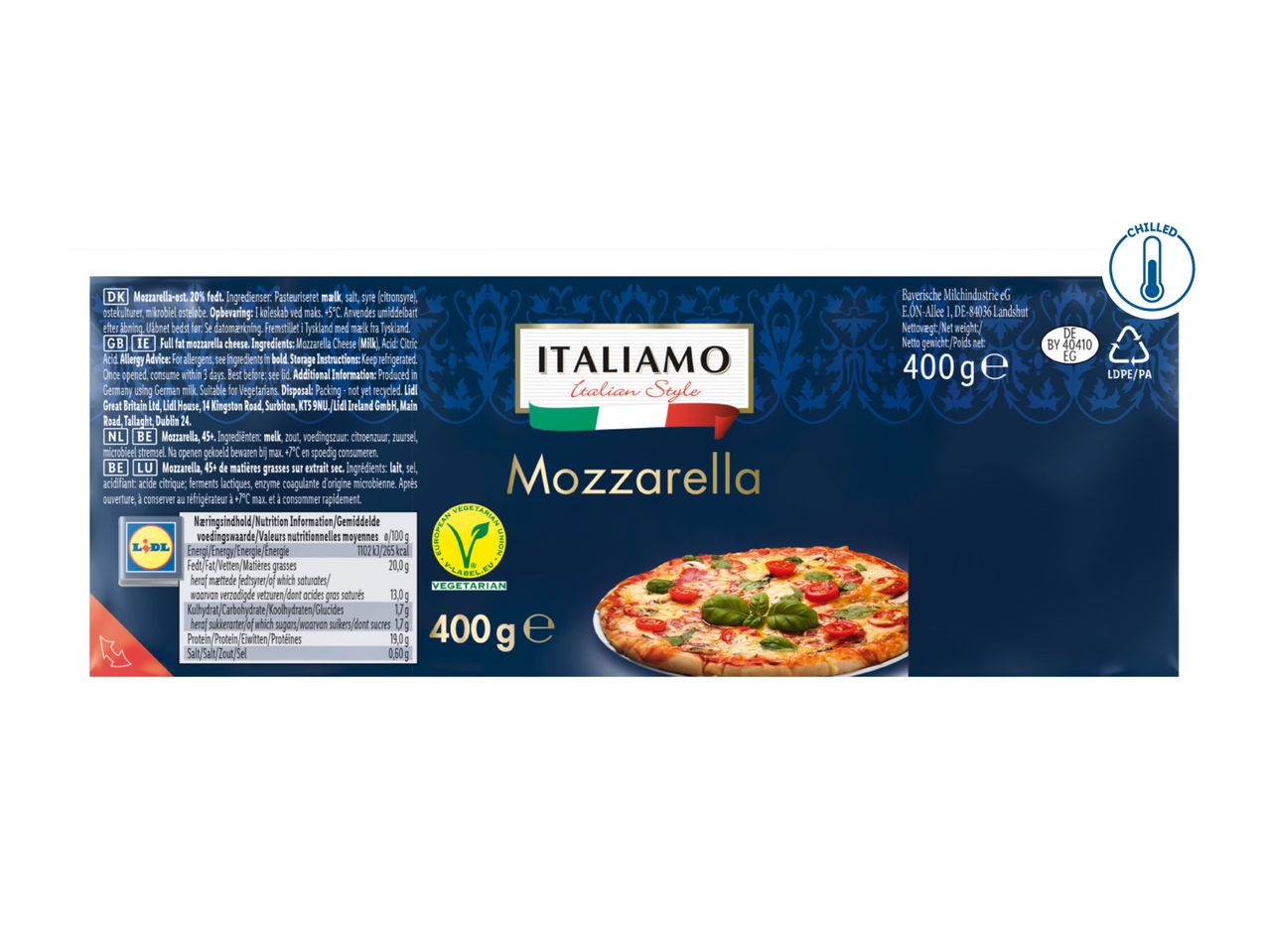 A package of mozzarella cheese with a pizza on the front, indicating it's a chilled product.