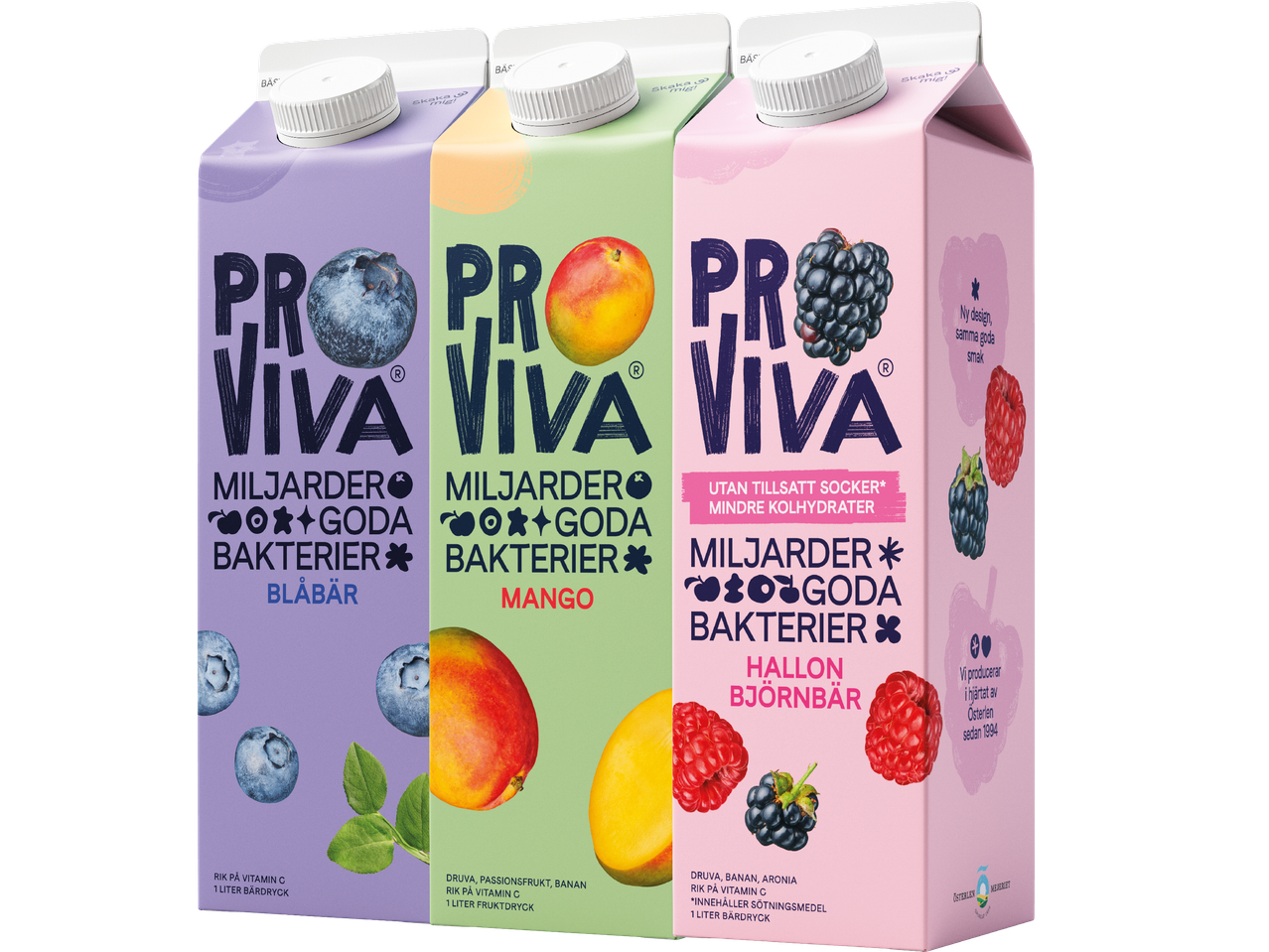 Tre förpackningar med Proviva-dryck i smakerna blåbär, mango och hallon/björnbär.