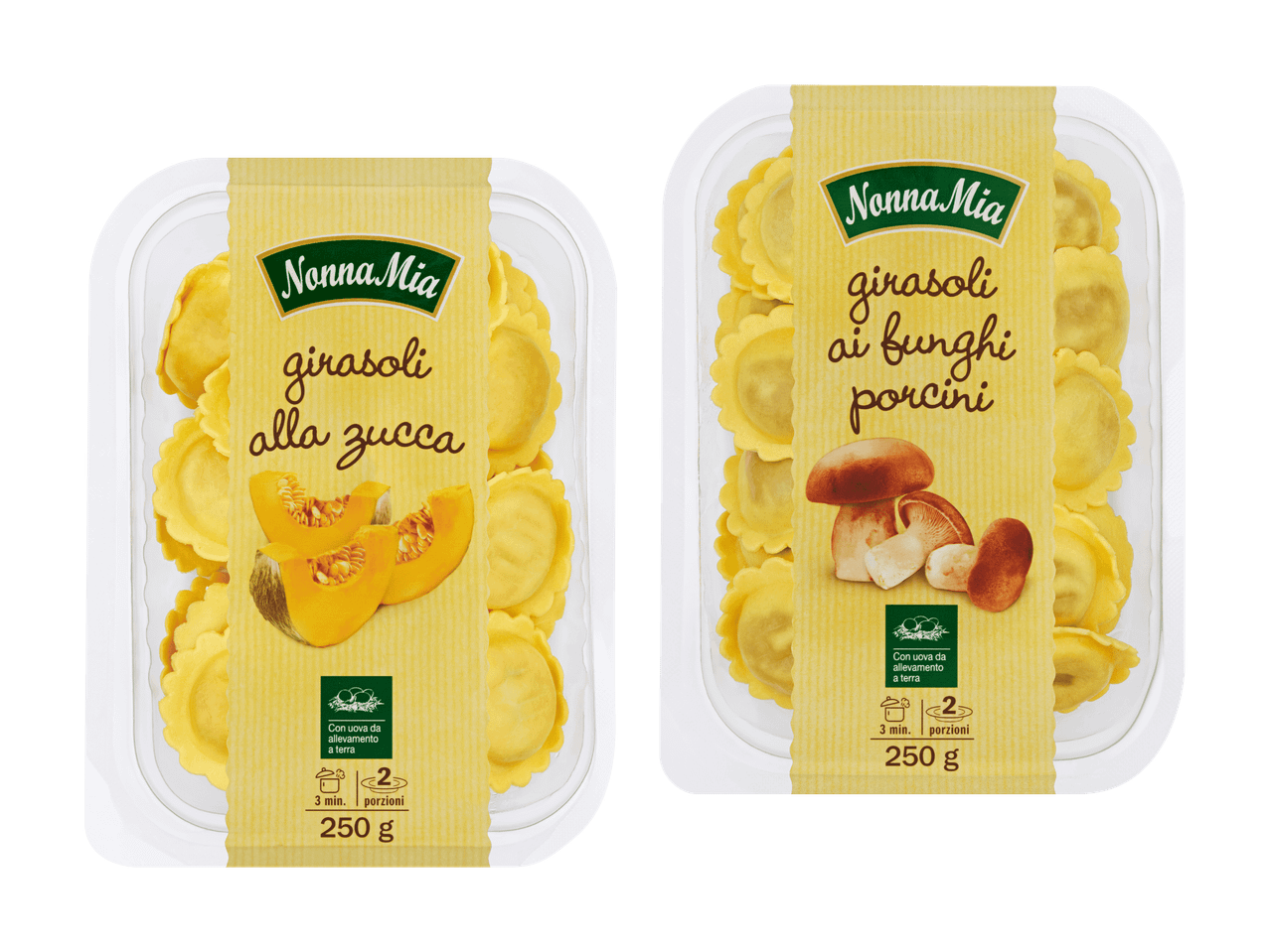 Due confezioni di pasta Nonna Mia Girasoli, una al gusto di zucca e una ai funghi.