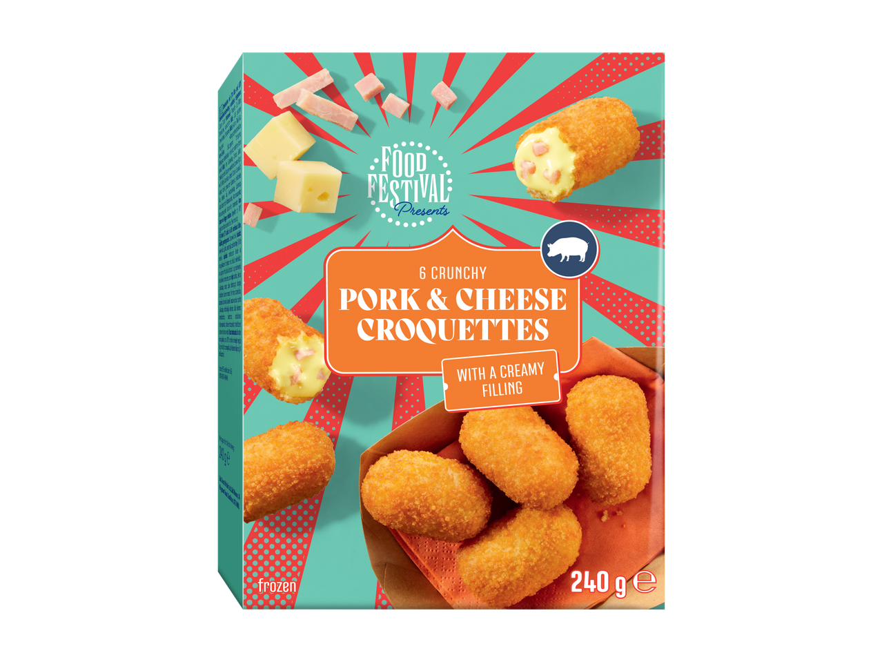 Box of 6 crunchy pork & cheese croquettes with a creamy filling, 240g, frozen.