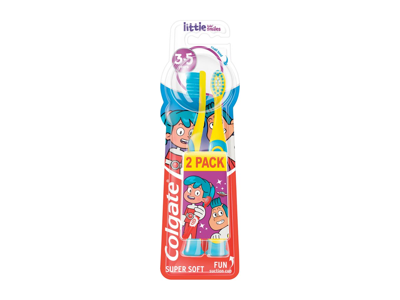 Două periuțe de dinți Colgate Little Smiles pentru copii de 3-5 ani, cu capete mici și mâner ergonomic.