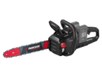A black and red cordless chainsaw with two batteries, featuring a red and blue guide bar.