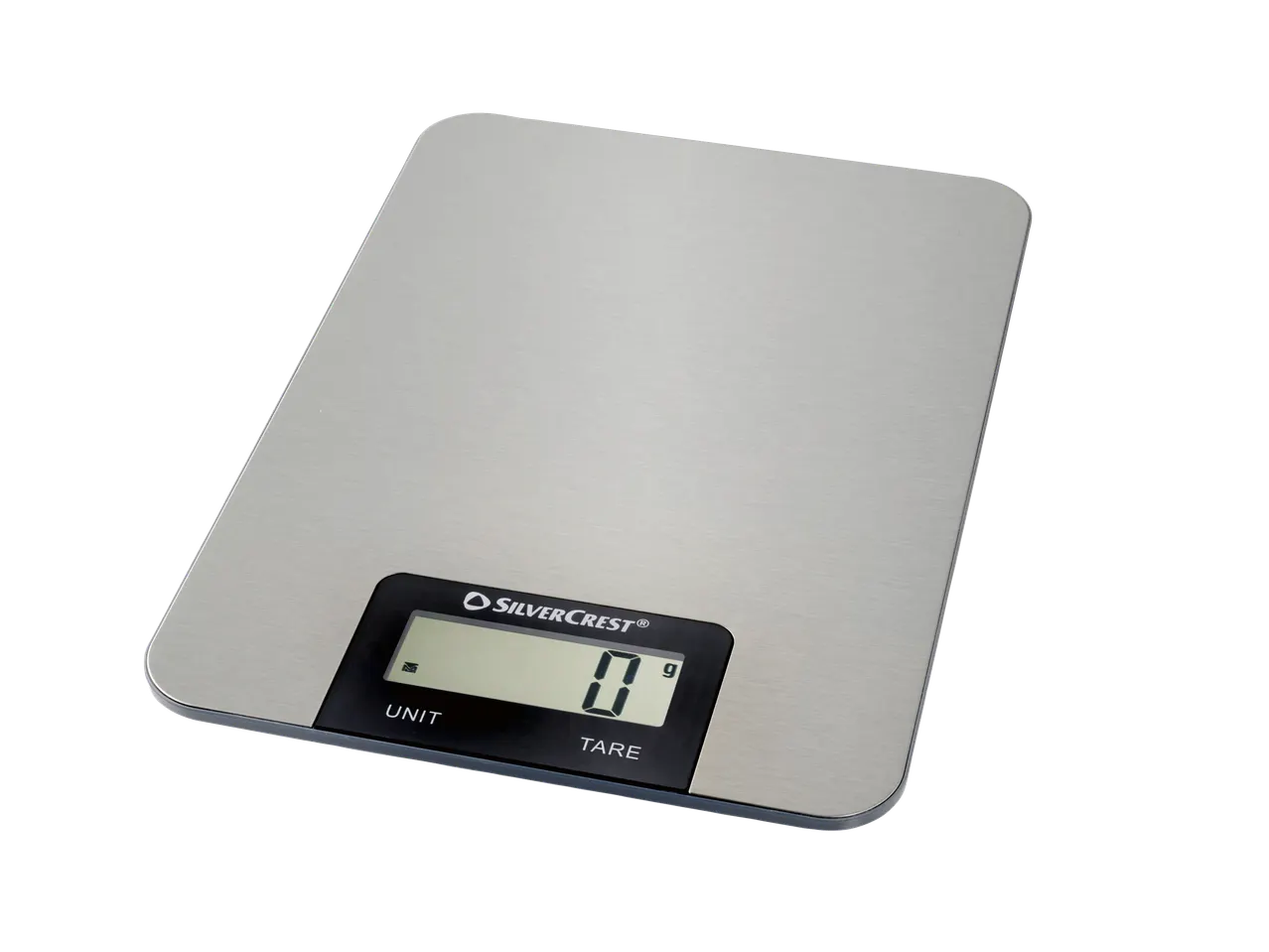 SilverCrest digital kitchen scales with a brushed metal surface and a black display showing '0 g'.