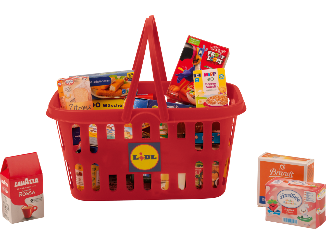 Punane ostukorv täis erinevaid toidukaupu, sealhulgas Kellogg's Froot Loops ja Lavazza kohv.