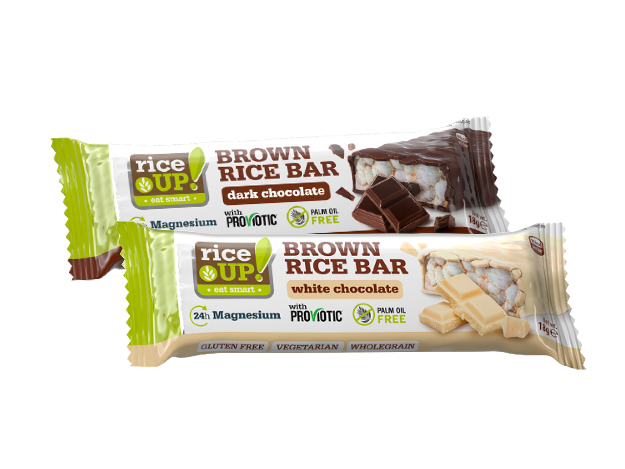 Due barrette di riso Rice UP!, una al cioccolato fondente e una al cioccolato bianco.