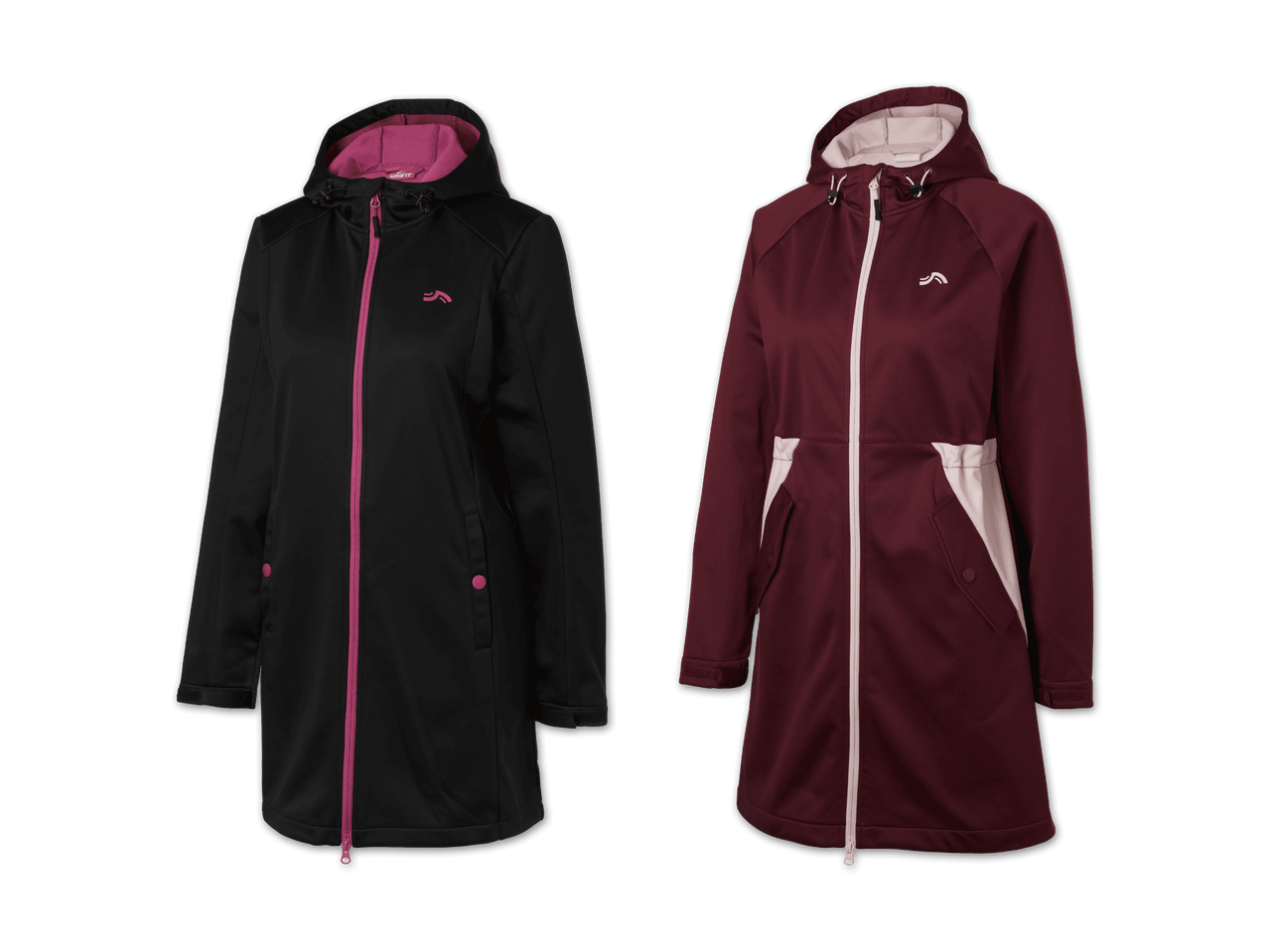 Zwei Softshell-Mäntel, einer schwarz mit pinken Akzenten und einer weinrot mit hellen Akzenten.