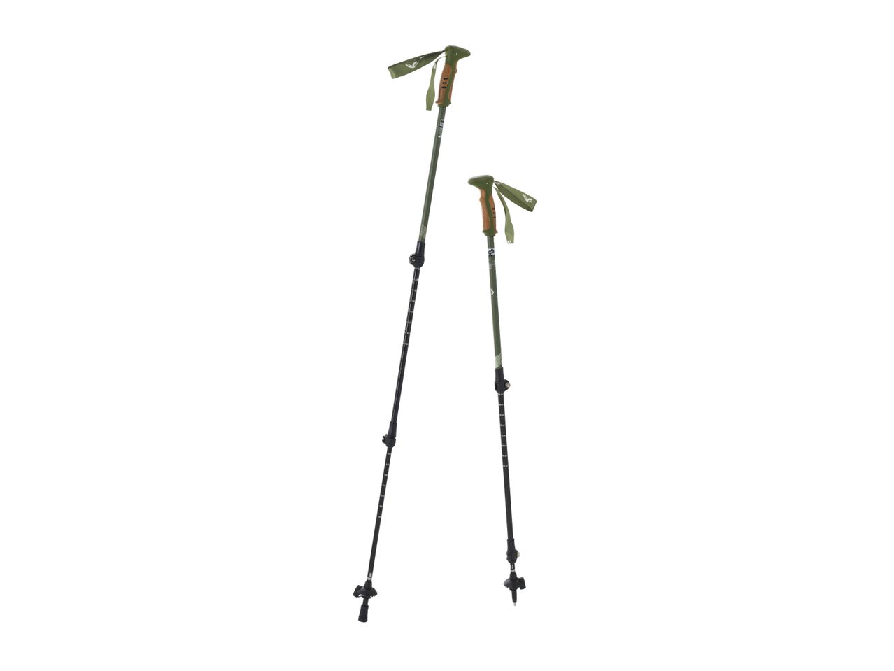 Two green and black trekking poles with cork handles and adjustable straps.