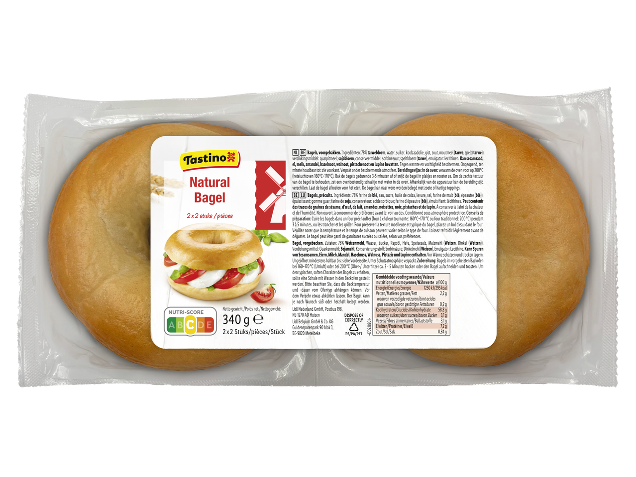 Tastino Natural Bagels, 2 stuks, 340g, met Nutri-Score A-E label.