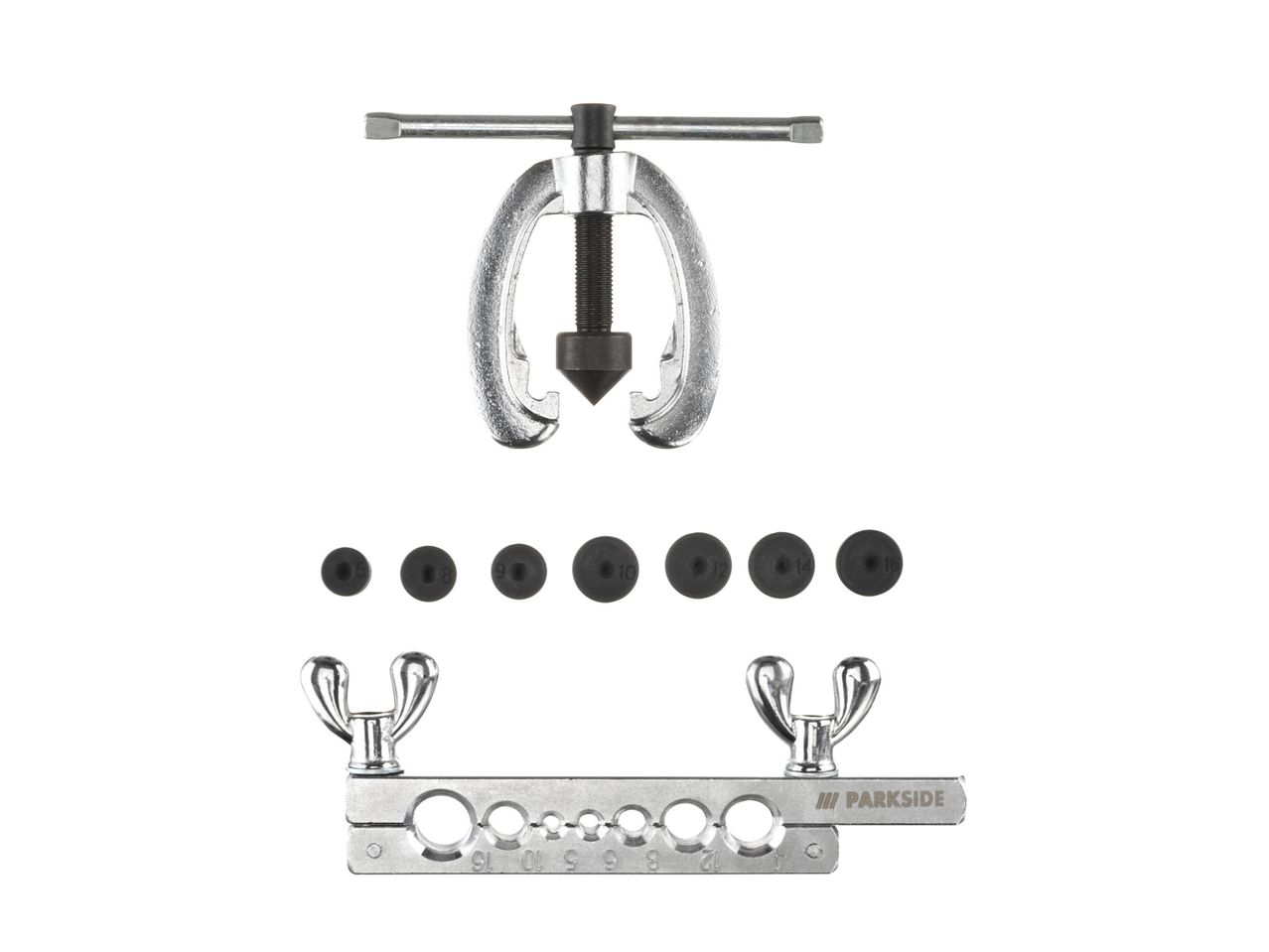 A flaring tool kit with a flaring bar, yoke, and various dies, by Parkside.