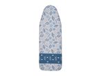 Ironing board with a blue and white seashell pattern and a 'High Speed Bügelzone' band.
