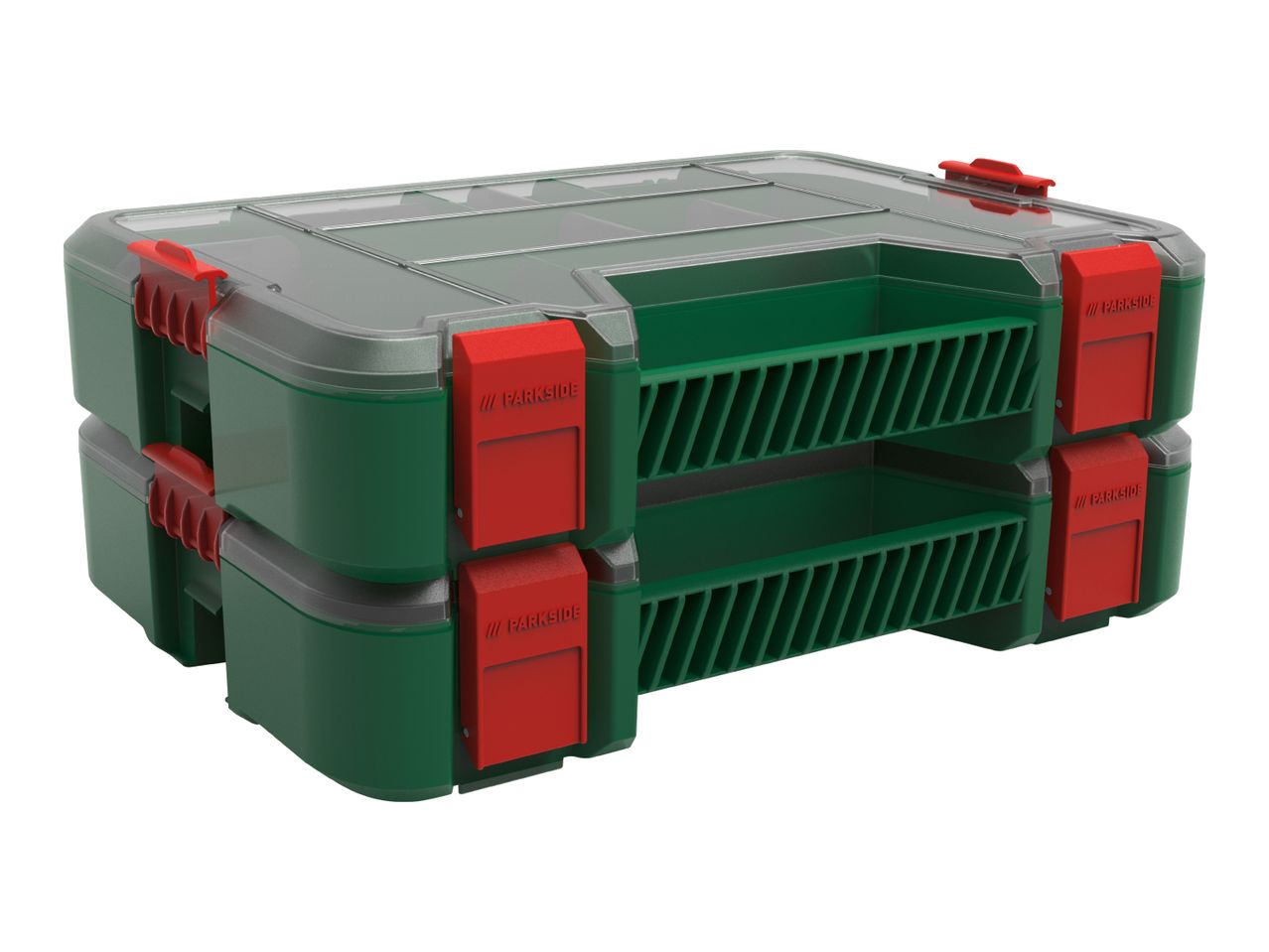 Two stacked green and red organizer boxes with transparent lids.