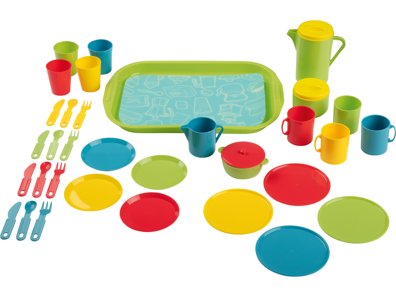 LUPILU® mänguasjade serveerimiskomplekt kandiku, kannude, tasside, taldrikute ja söögiriistadega.