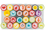 Комплект от 28 цветни кръгли плочки с различни илюстрации на животни, символи и емотикони.