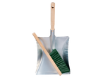 Dustpan and brush with wooden handle.