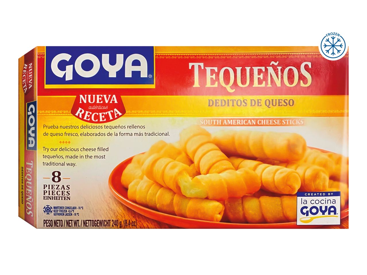 Frozen cheese sticks in a box, with text indicating 'New Recipe' and 'South American Cheese Sticks'.