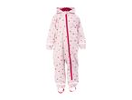 Pink children's waterproof overall with red heart pattern and red zipper