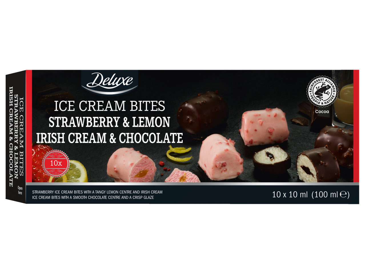 DELUXE saldējuma pralinē: zemeņu un citronu, īru krēma un šokolādes.