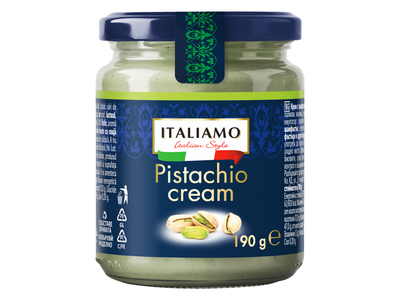 Borcan cu cremă de pistacii Italimo, stil italian, 190g.