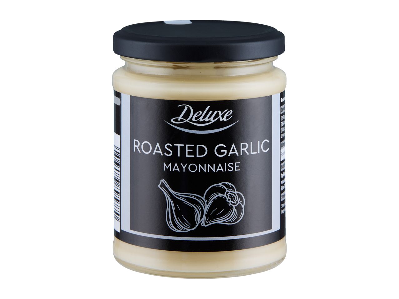 Deluxe Roasted Garlic Mayonnaise in a glass jar with a black lid