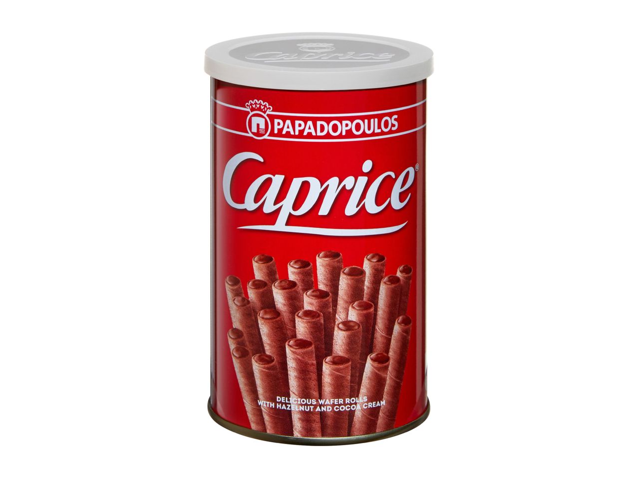 Papadopoulos Caprice wafer rolls with hazelnut and cocoa cream in a red tin