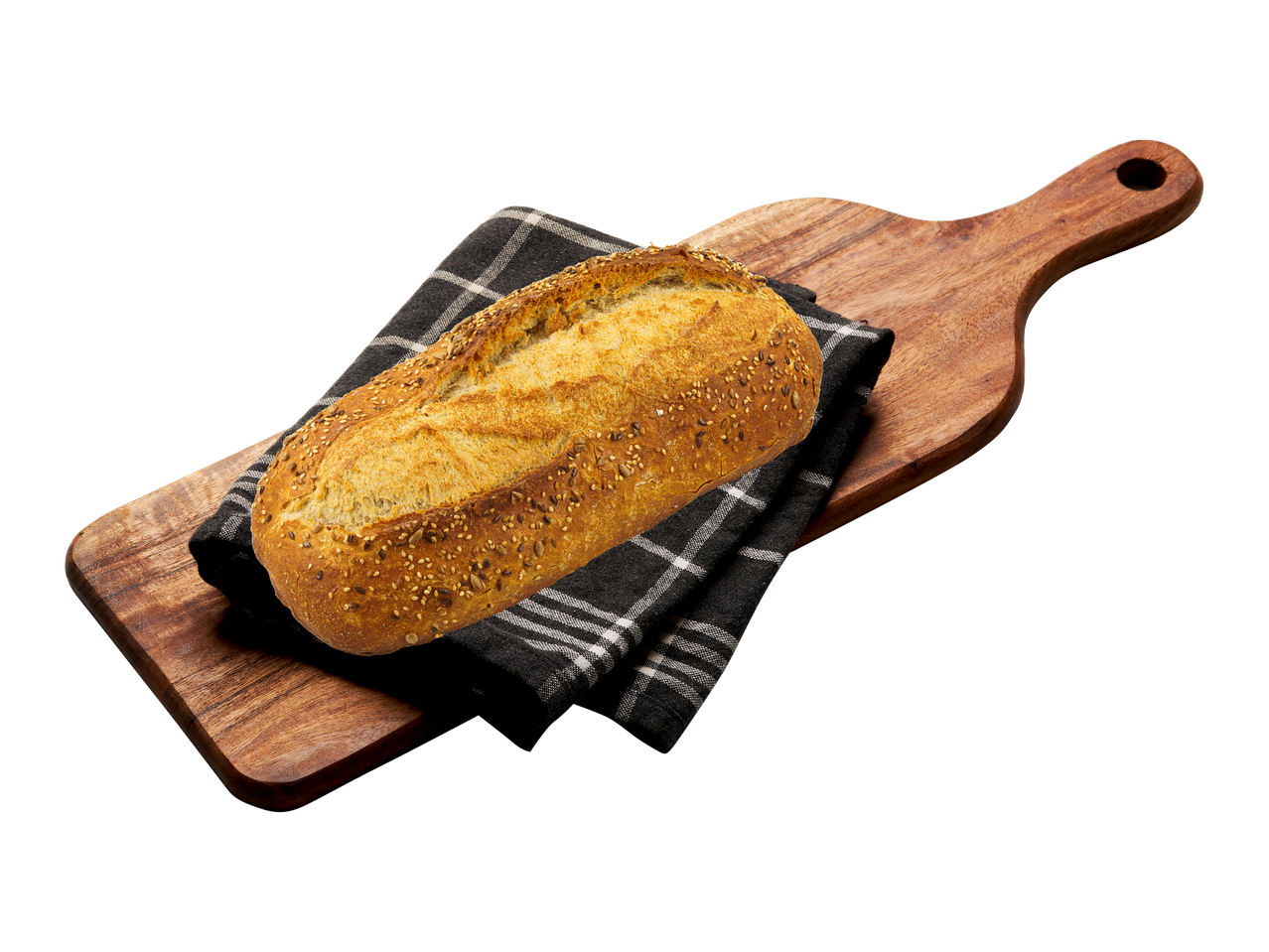 Bröd med frön på en träbräda.