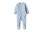 Light blue baby sleeper with dark and light blue polka dots and a zipper closure.