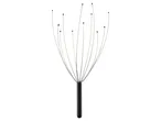 A head massager with a black handle and silver wires topped with black beads.