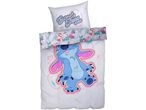 A Stitch-themed duvet cover set with a pillow that says 'Sweet Thing' and a duvet featuring Stitch.