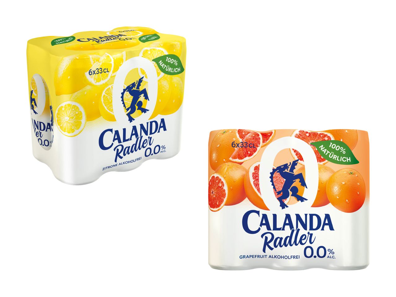 Calanda Getränke in Zitronen- und Orangengeschmack im Pack.