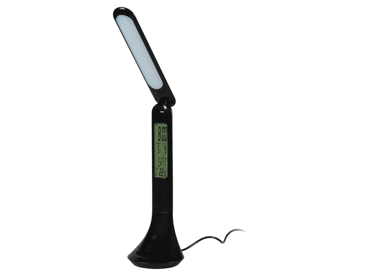 Lampă de birou LED LIVARNO HOME cu afișaj digital care arată ora, data și temperatura