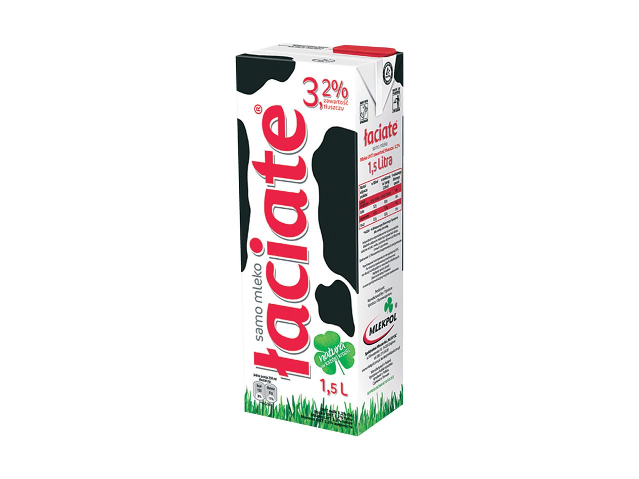 Mlekpol's Lacjate 3.2% fat milk carton, 1.5 liters.