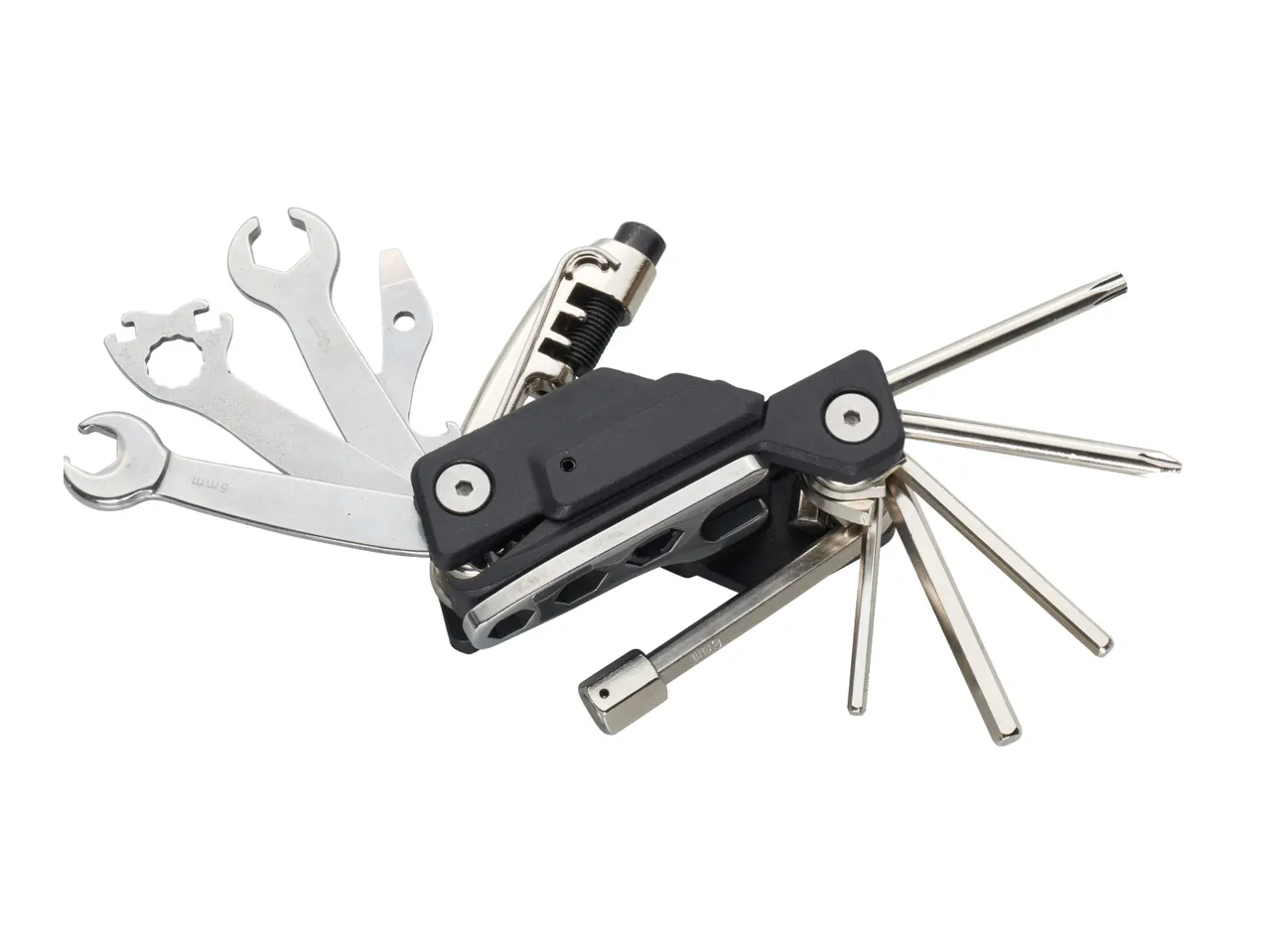 Multi-tool with wrenches, hex keys, and screwdrivers for bicycle repair.