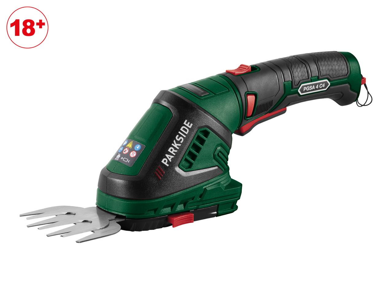 Green and black cordless grass and shrub shears with an 18+ age restriction symbol.