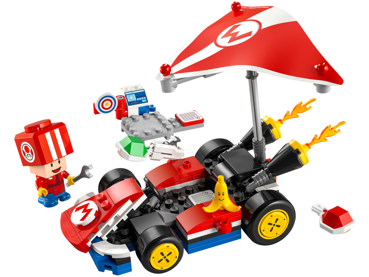 Lego Super Mario kart with Mario figure, banana, and a red umbrella with a lightning bolt.