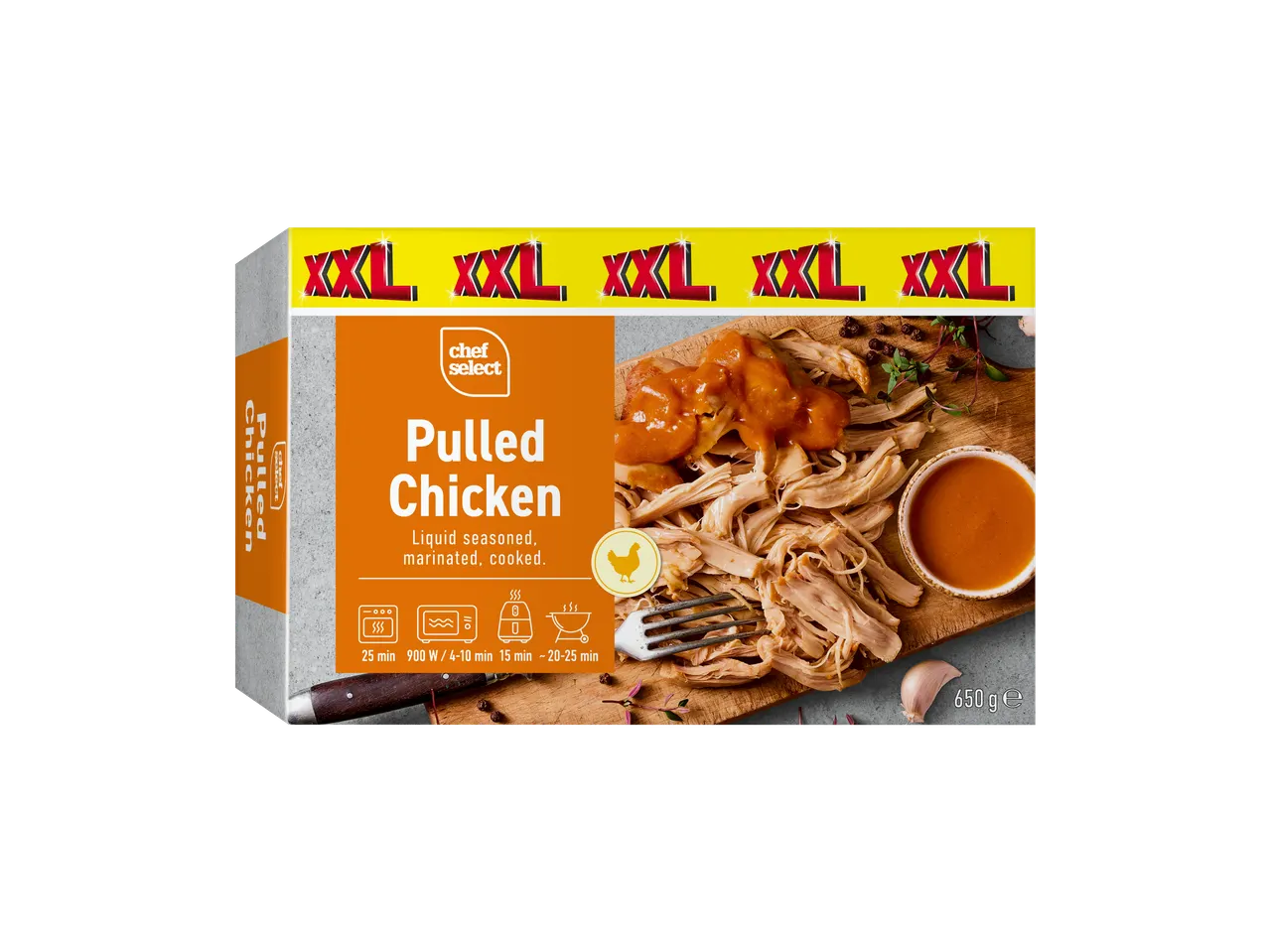 CHEF SELECT Pulled Chicken XXL verpakking met bereidingsinstructies en 650g inhoud.